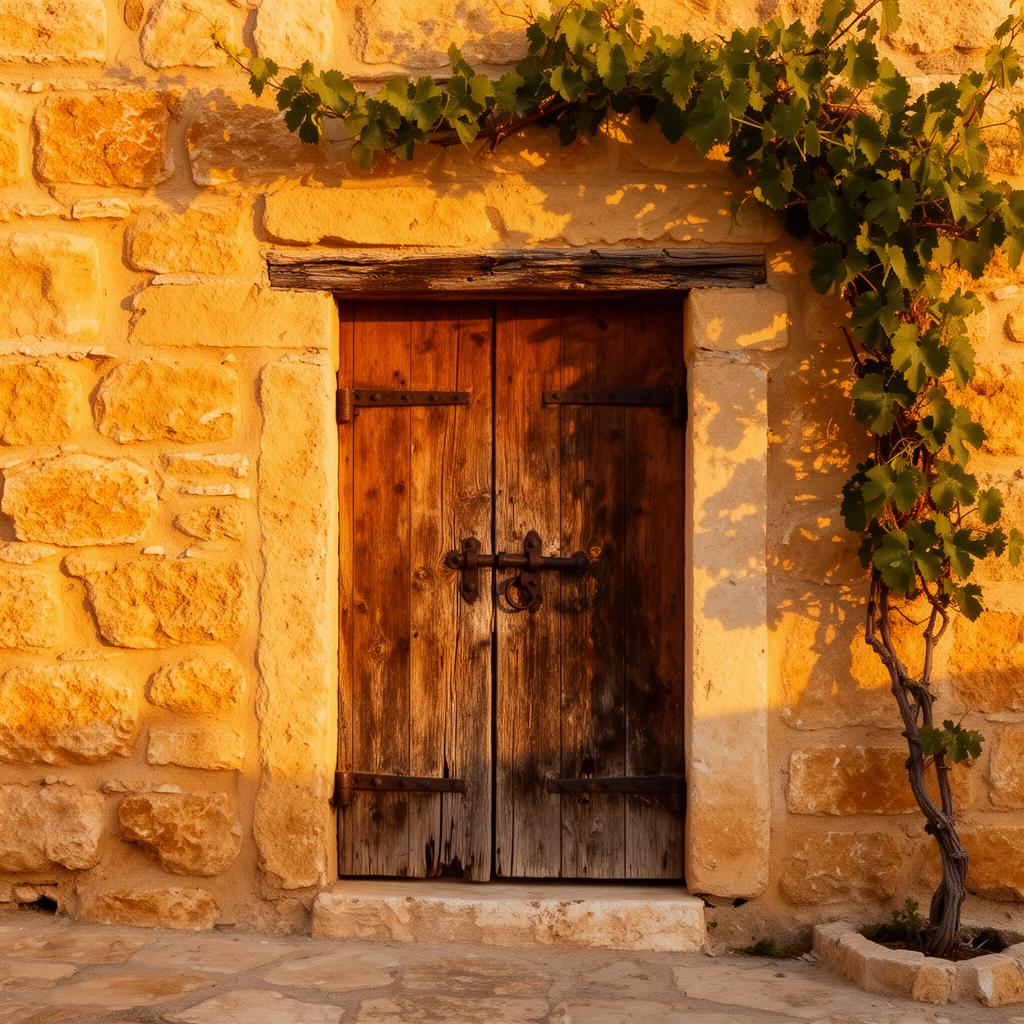A handcrafted wooden door in honey limestone