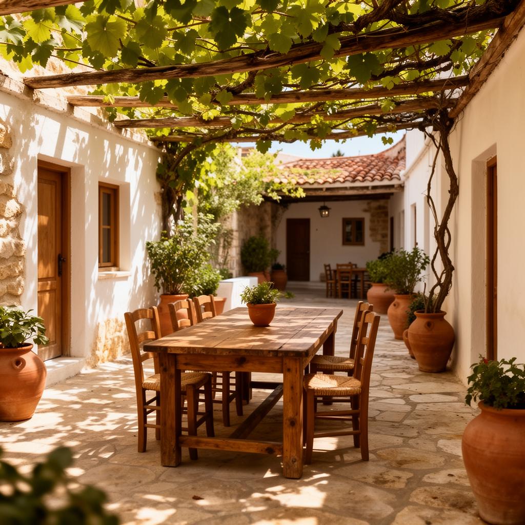 Shaded outdoor seating beneath the vine