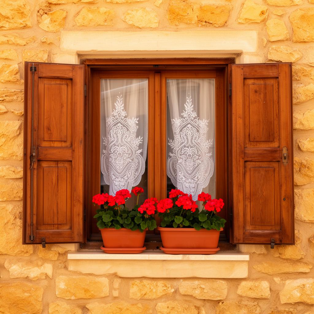 Lace curtains and geraniums on a stone sill